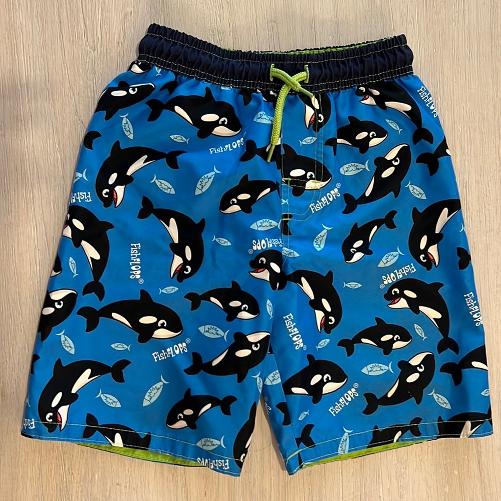 Boys Fish Flops Orca Whale Swim Trunks Size 8